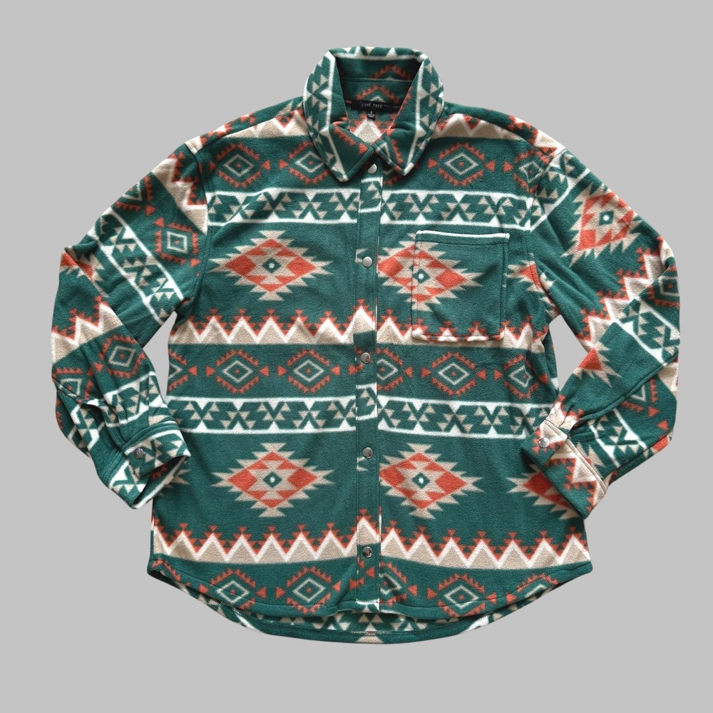 Love Tree Teal Green Aztec Fleece Shacket Southwestern Snap NWOT Jacket Small